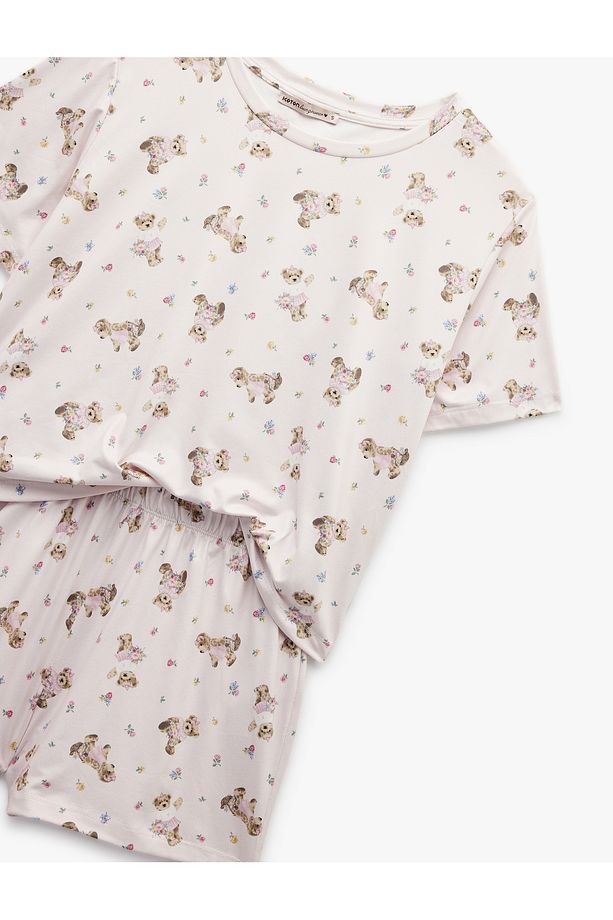 Ayıcık Desenli Kısa Kollu Bisiklet Yaka Şortlu Pijama Takımı - 6
