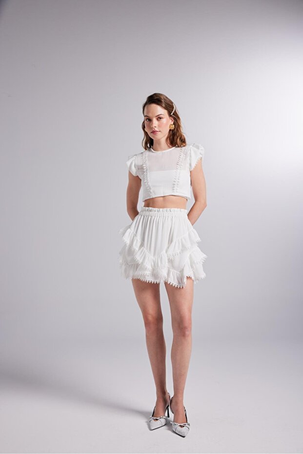 Brode Detaylı Crop Pixie Bluz Beyaz - 2