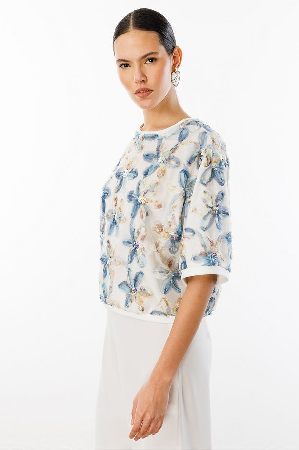 Yuvarlak Yaka Oversize Pullu Çiçekli Bluz - 2