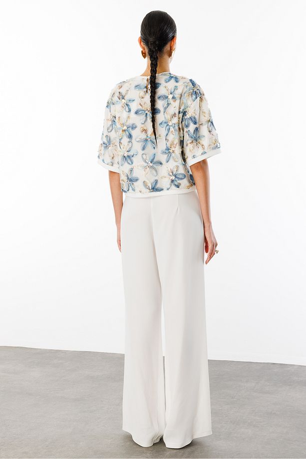 Yuvarlak Yaka Oversize Pullu Çiçekli Bluz - 5