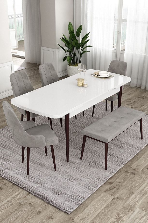 Eta Serisi, Beyaz Masa Kahve Ayak 80x132 Mdf Mutfak Masa Takımı, 4 Krem Sandalye Ve 1 Bench - 2
