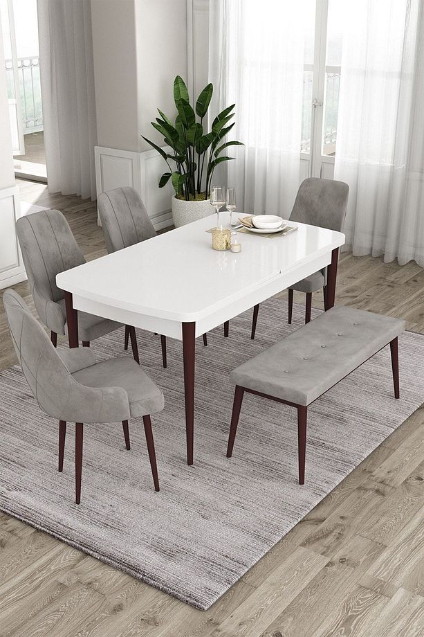 Eta Serisi, Beyaz Masa Kahve Ayak 80x132 Mdf Mutfak Masa Takımı, 4 Krem Sandalye Ve 1 Bench - 1