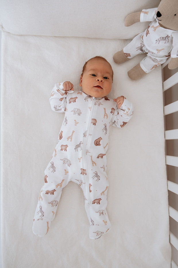0.3 Tog Zippered Baby Jumpsuit with Booties - Pureline Series - Cute Animals