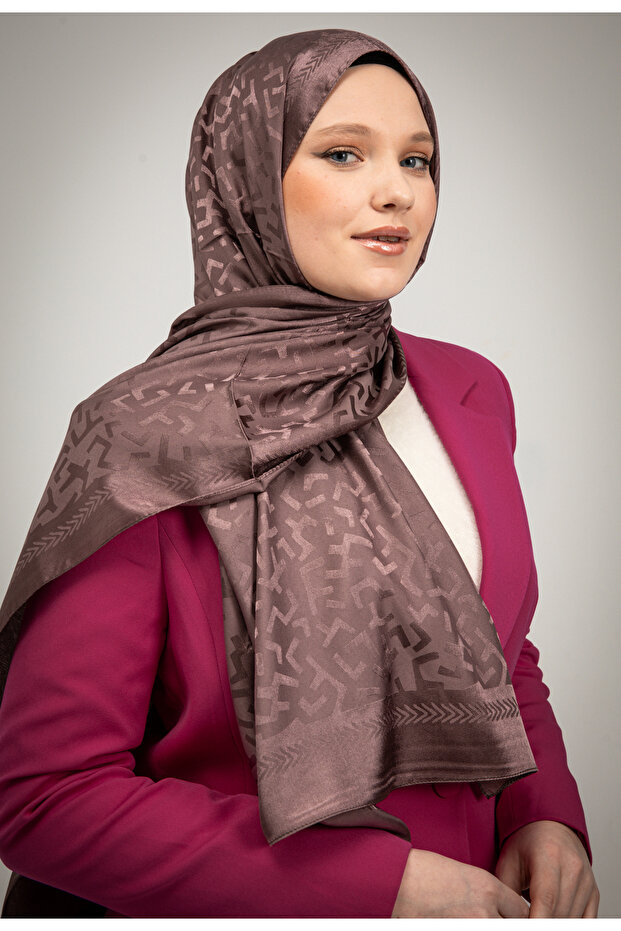 Geometric Pattern Shiny Jacquard Shawl Brown - 4