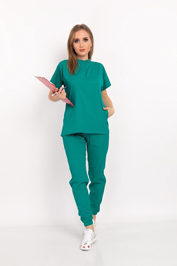 Operation Green Çağla Model Snap-Button Mandarin Collar Soft Lycra Nurse Doctor Hospital Scrubs Uniform Set