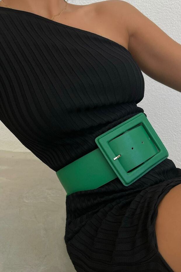 Women's Green Faux Leather Stylish Design Buckle Wide Band Clothing Accessory Belt 15525