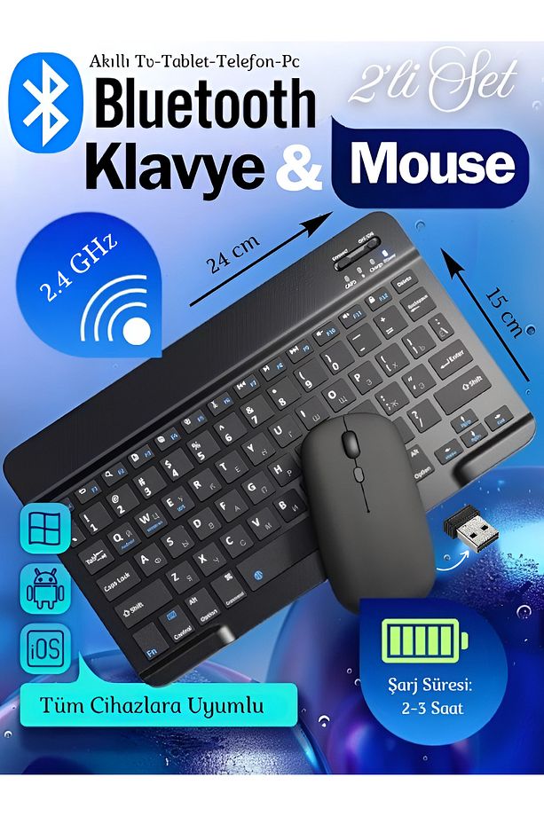 Bluetooth Akıllı Klavye ve Mause Seti Taşınabilir Şarj Edilebilir Kablosuz Tüm Cihazlara Uyumlu - 1