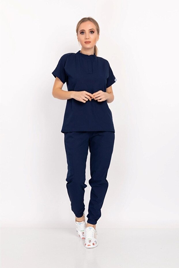 Navy Snap Button Mandarin Collar Soft Lycra Doctor, Nurse, Hospital, Duty Uniform Set