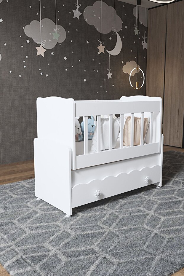 Beşik Çekmeceli Sallanır Anne Yanı Ahşap Bebek Beşiği Beyaz - 4