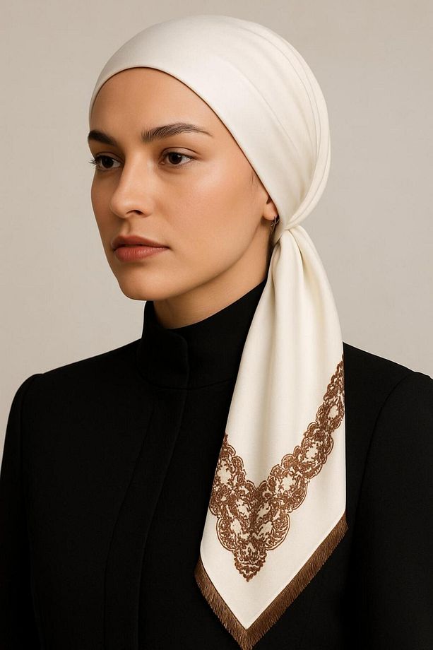 Arsima Ekru %100 Simli Saf Ipek Şal Fular - 2