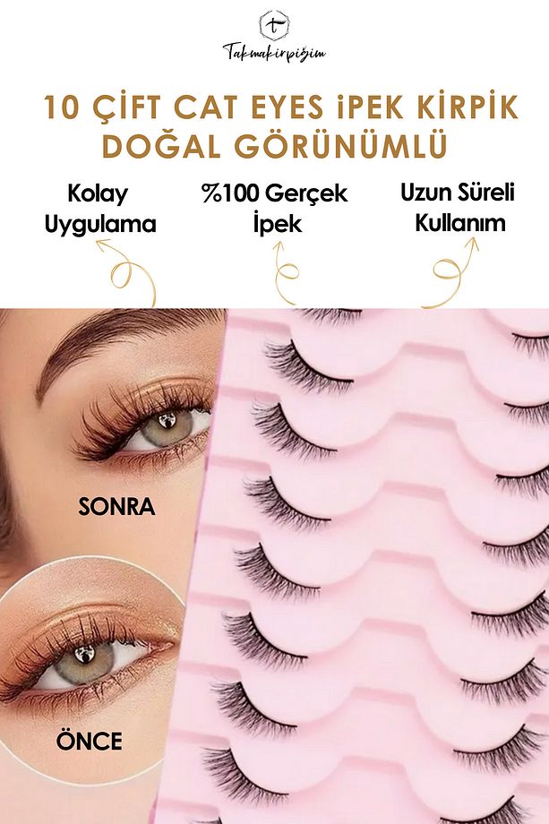 10 Çift Doğal Cat Eye Kedi Göz Takma İpek Kirpik Powerliner Şeffaf Kalem Yapıştırıcı (APARAT HEDİYE) - 1