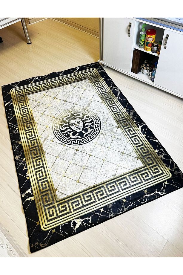 Medusa Motif Gold Çizgisel Motif Süngerli , Kalın Yüzey Makinede Yıkanabilir Halı - DERİ TABAN - 4