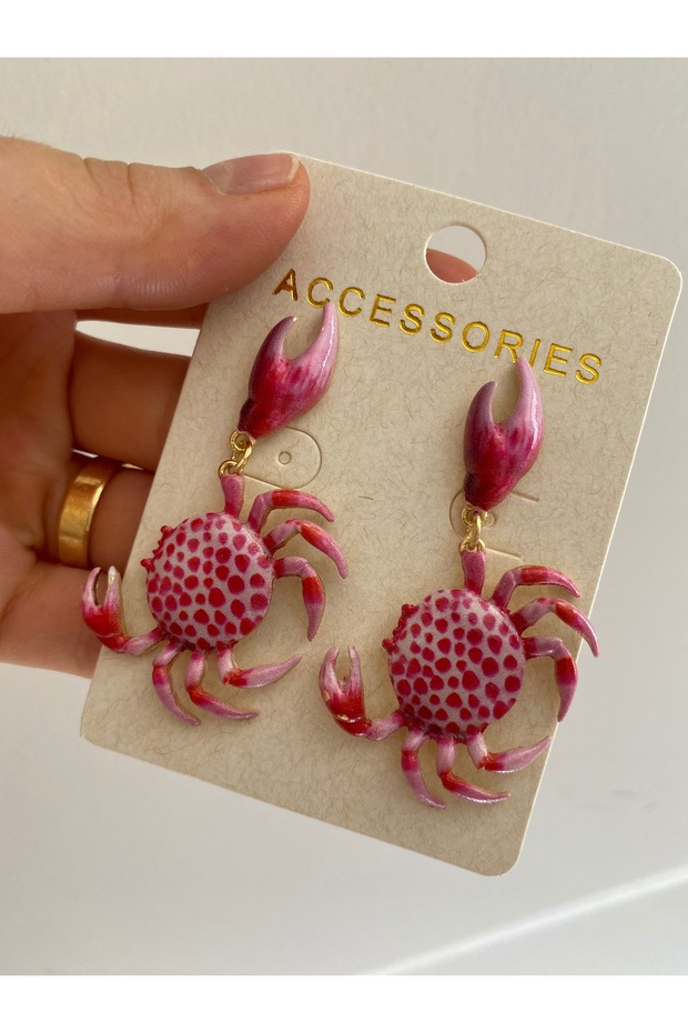Pink Earrings with Crab Pattern - 2