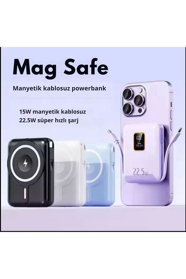 12.000mAH Magsafe Özellikli Kendinden Ligthning ve Typce C Kablolu Hızlı Şarj Powerbank - 4