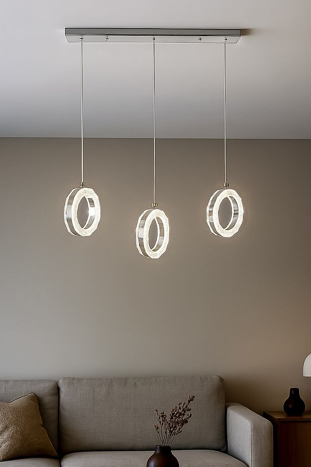 Işıl Krom Modern Avize  Salon Mutfak Oturma Odası Antre Tekli 3lü Sarkıt Sıralı - 1