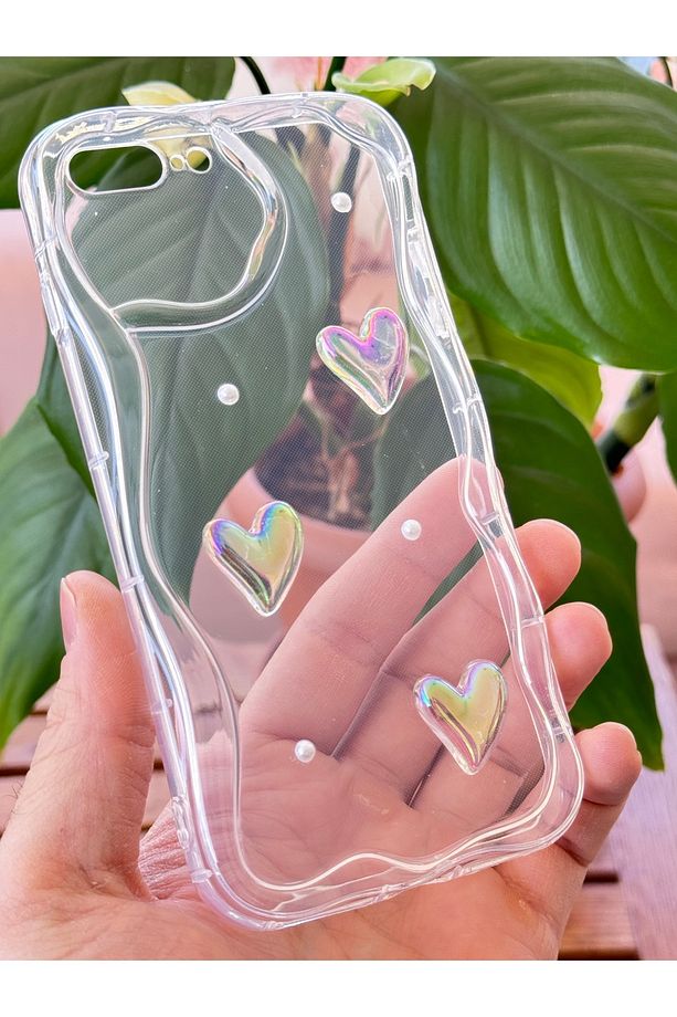 Apple iPhone 7 / 8 Plus Kılıf 3D Kalpli İnci Tasarımlı Desenli Kamera Korumalı Şeffaf Silikon Kapak - 5