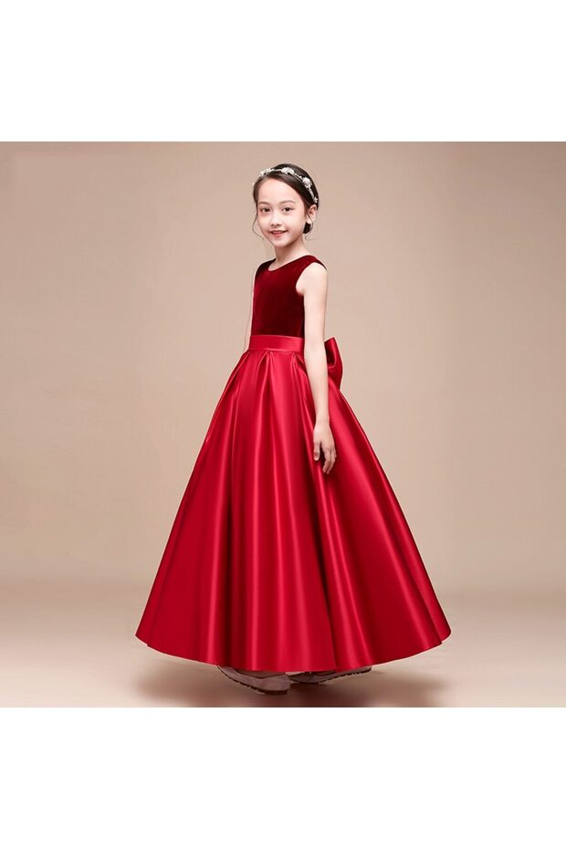 Girls' Red Crew Neck Velvet Evening Dress Skirt Satin Dress