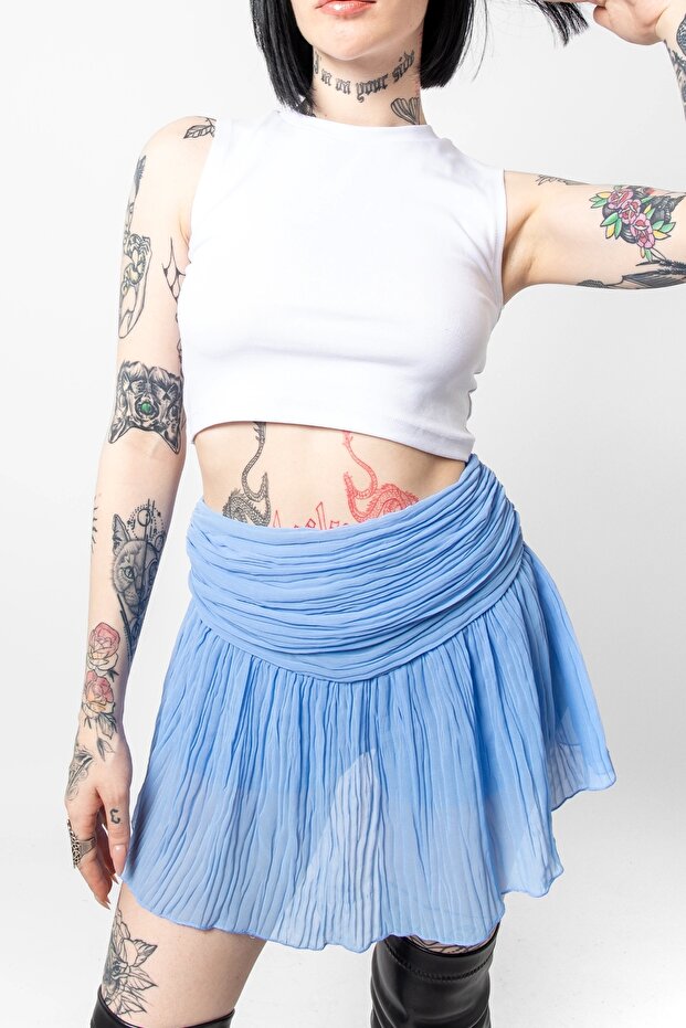 Piliseli Şifon Basic Mavi Etek - 2