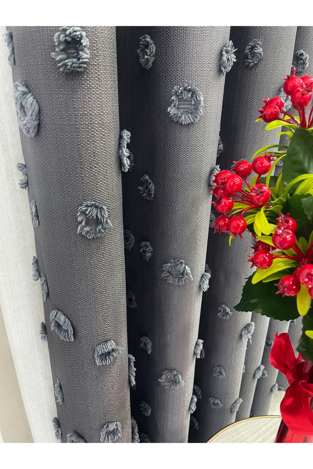 Dark Gray Color Pompom Pufy Background Curtain 1/3 Sik Pleat