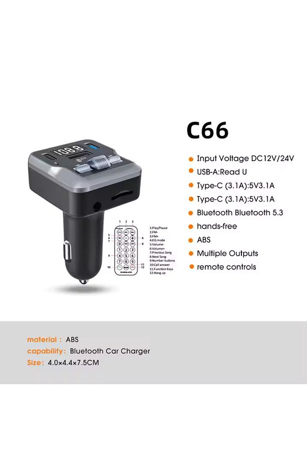 Bluetooth FM Transmitter Araç Kiti C66 | 30W Hızlı Şarj, USB/SD/MP3, Tüm Araçlara Uyumlu - 4