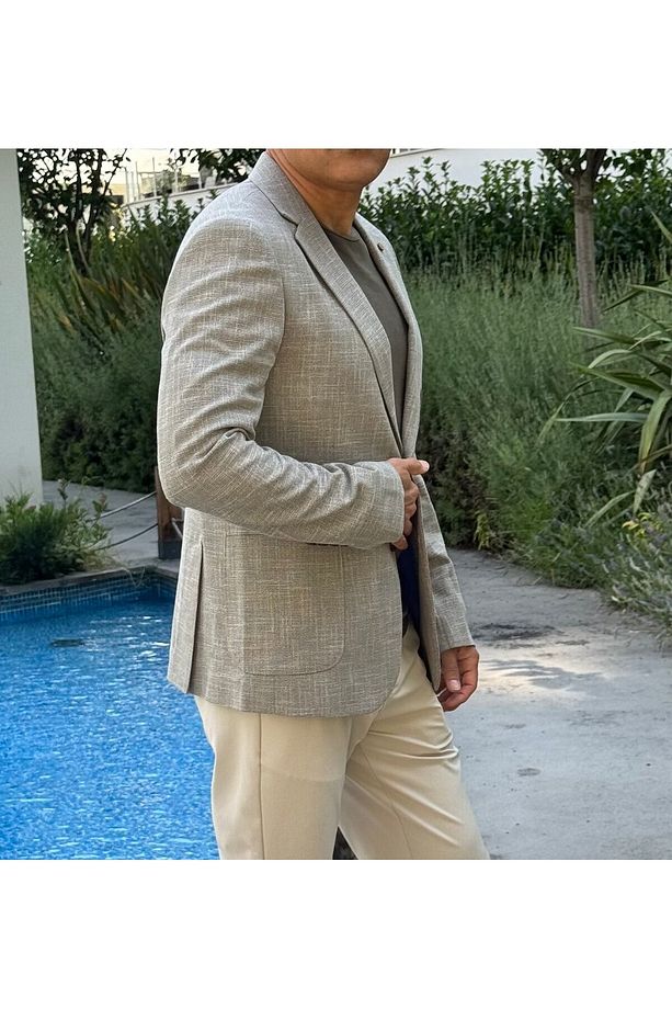 Slim Fit Blazer Tek Ceket 7145-1 R4 Bej - 4
