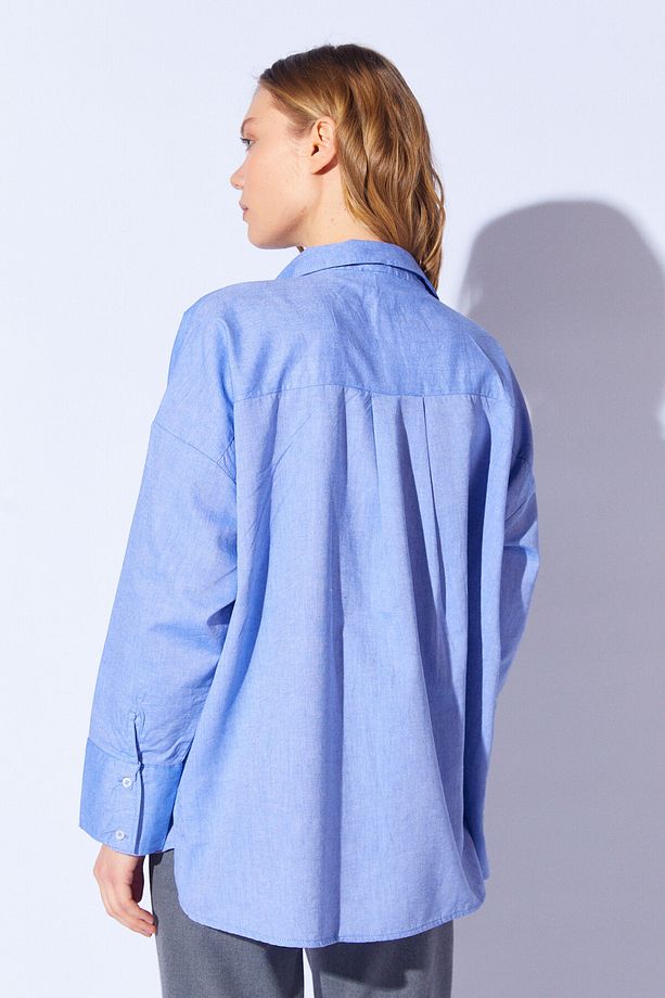 Mavi Büyük Tek Cep Rahat Kalıp Uzun Kollu Oxford Oversize Gömlek | Mkes161423-1 - 5