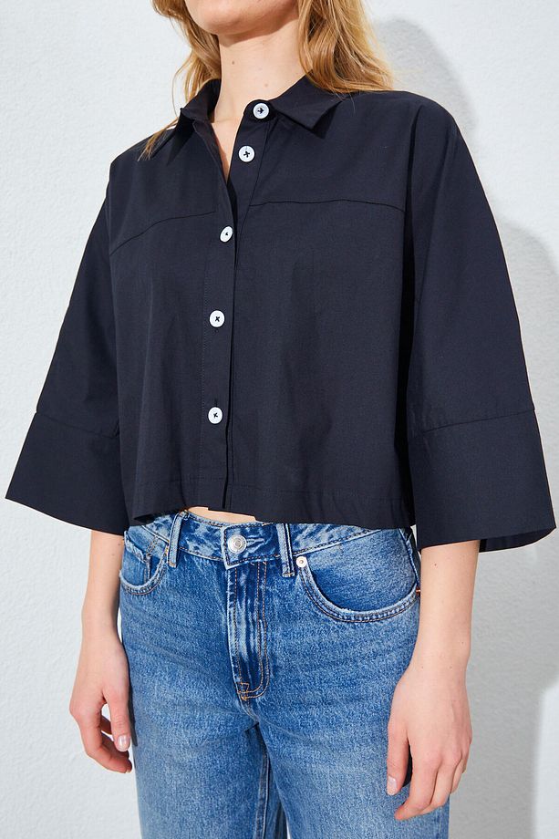 Düşük Kol Çimalı Crop Poplin Gömlek - Siyah | MKS161451-01 - 4
