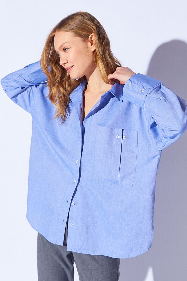 Mavi Büyük Tek Cep Rahat Kalıp Uzun Kollu Oxford Oversize Gömlek | Mkes161423-1 - 3