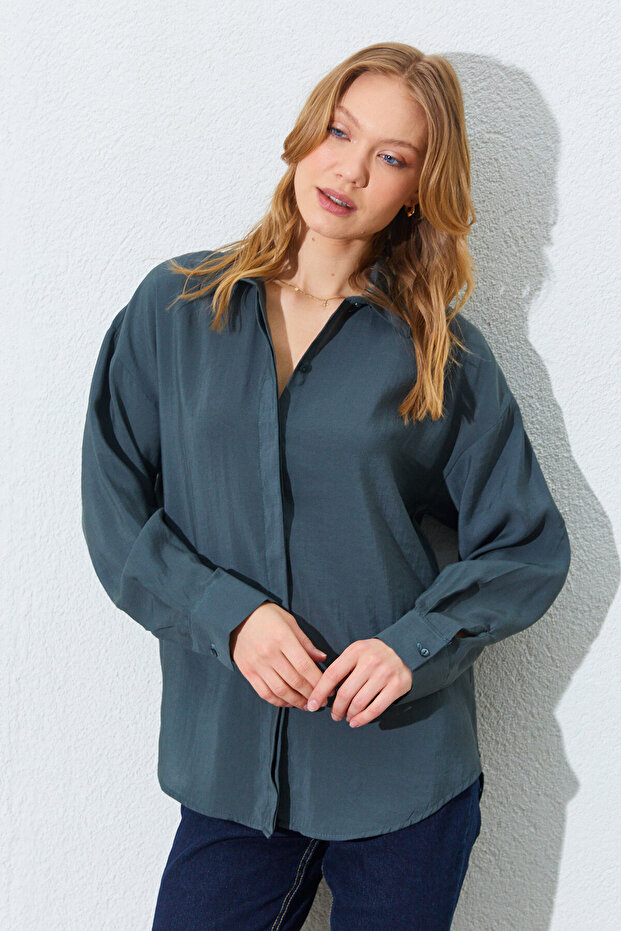 Modal Fabric, Straight Cut, and Long Sleeve Shirt. Comfortable Fit - Khaki | Mkes168262-1