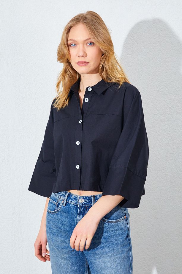 Düşük Kol Çimalı Crop Poplin Gömlek - Siyah | MKS161451-01 - 6