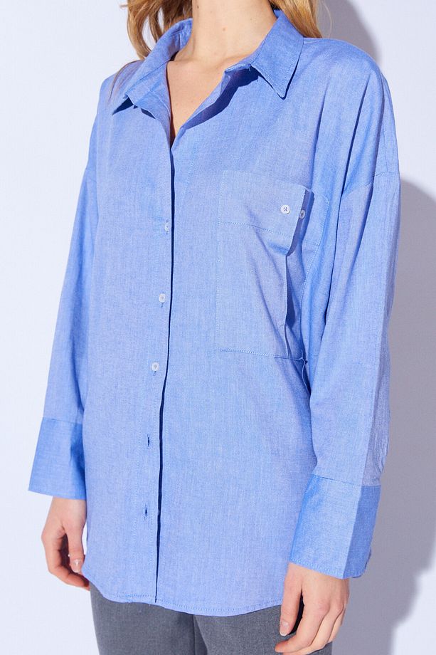 Mavi Büyük Tek Cep Rahat Kalıp Uzun Kollu Oxford Oversize Gömlek | Mkes161423-1 - 4