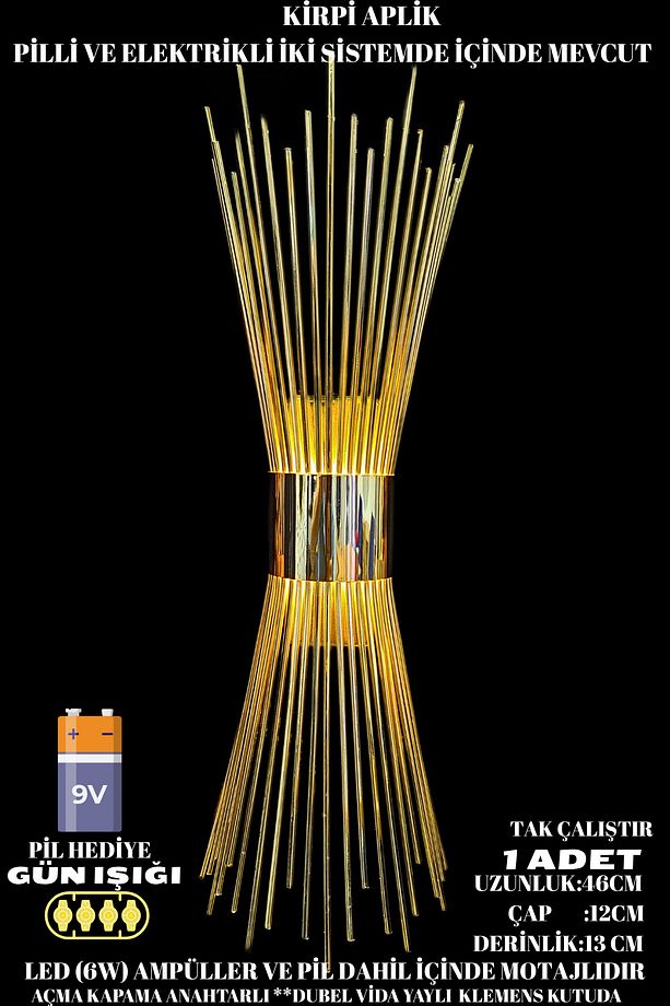 Kirpi Gold Duvar Aplik, Led Ampullü Duvar Aplik, Tekli Duvar Lambası, Aplik 1 Adet - 1