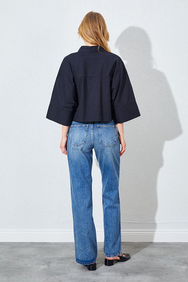Düşük Kol Çimalı Crop Poplin Gömlek - Siyah | MKS161451-01 - 7