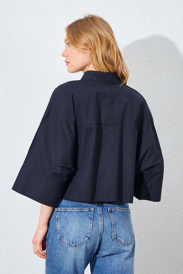 Düşük Kol Çimalı Crop Poplin Gömlek - Siyah | MKS161451-01 - 5