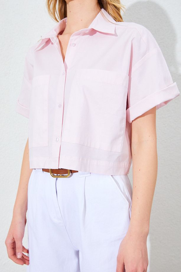 Çift Cepli Düşük Kol Crop Gömlek - Pembe | MKS161448-01 - 4