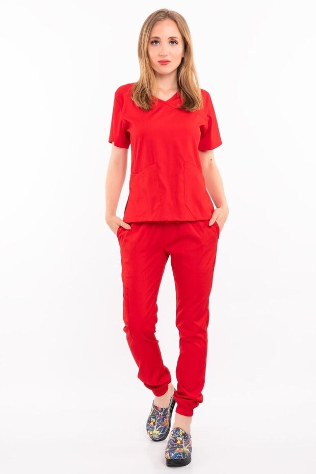 Red Soft Lycra Atlantis Model Jogger Doctor Nurse Hospital Scrubs Uniform Suit