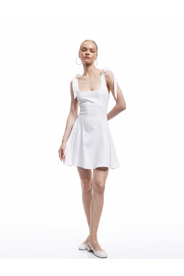Sleeveless U Neck Mini Linen Blend Dress with Tie Detail