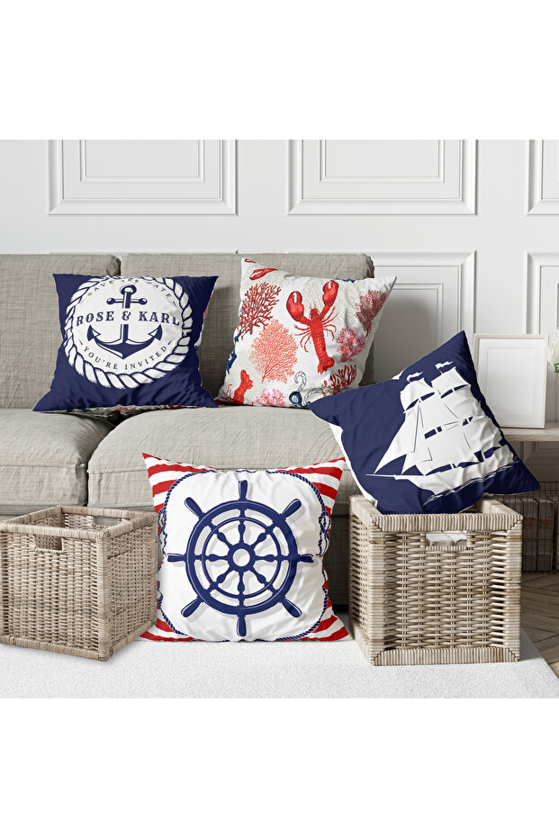 Sailor Patterned Modern 4-Piece Combination Digital Printed Throw Pillow Cover