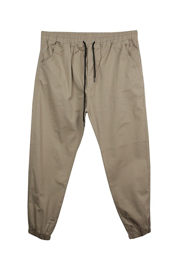 Elastic Leg Lace-Up Oversized Gabardine Trousers Beige Suitable for Men 118 -156 Kilos
