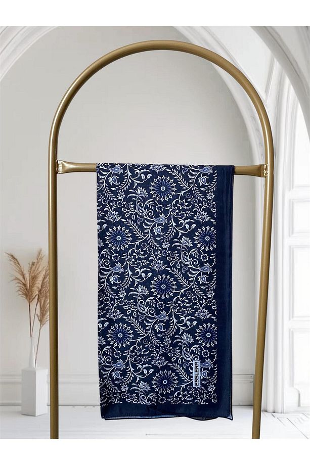 Lacivert Saray Motifi Desenli Soft Eşarp - 6