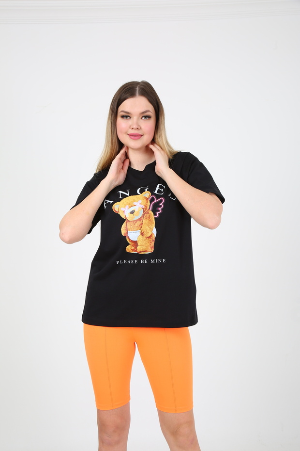 Kadın Teddy Baskılı Siyah Oversize Tshirt - 3