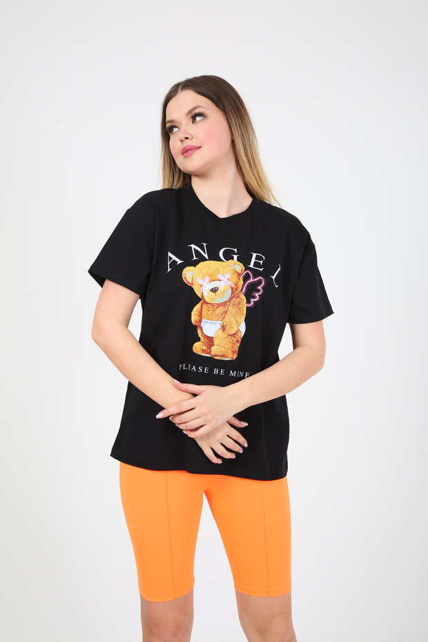 Kadın Teddy Baskılı Siyah Oversize Tshirt - 4