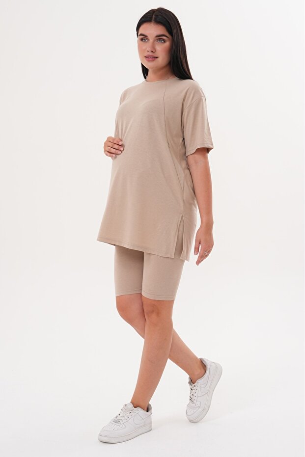 Maternity Stretchy Cotton Adjustable Waist Leggings Shorts Set