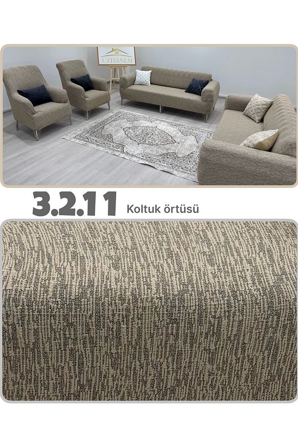 3 2 1 1 Jakarlı Koltuk Örtüsü Koltuk Kılıfı Likralı Esnek Yıkanabilir Pamuklu-vizon Renk - 1