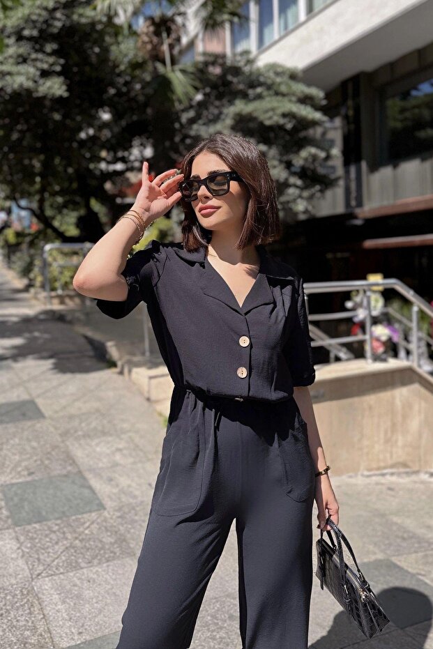 Women's Black Jacket Collar Elastic Waist Jumpsuit - 700-2622
