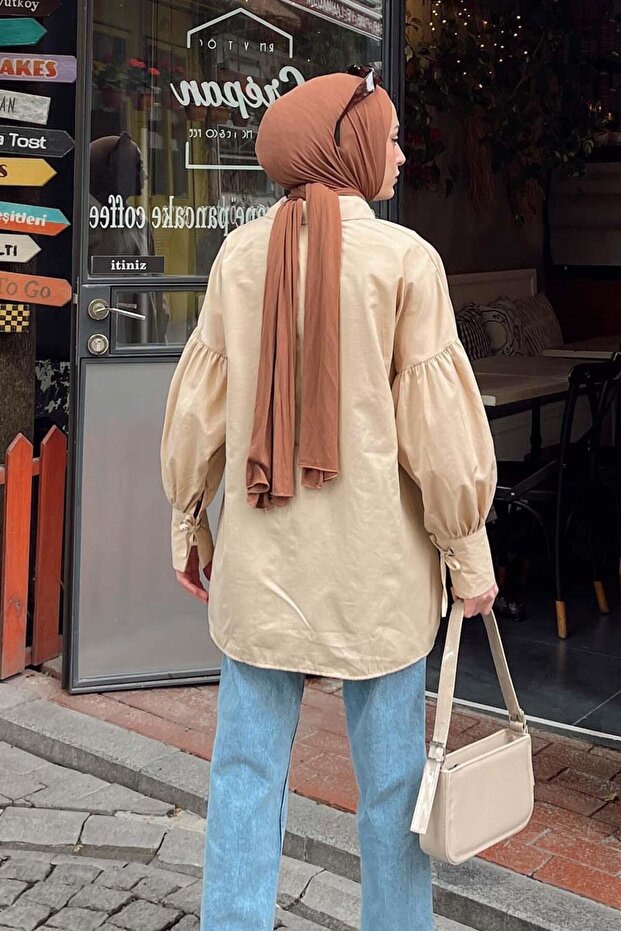 Kol Bağlama Detaylı Oversize Gömlek Bej - 4