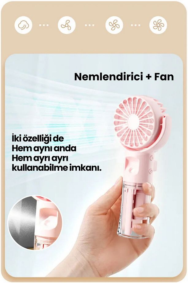 Su Püskürtmeli Masa ve El Fanı+Nemlendirici 2in1 3 Kademe Hız Boyun İpli Güçlü Pervaneli Vantilatör - 5