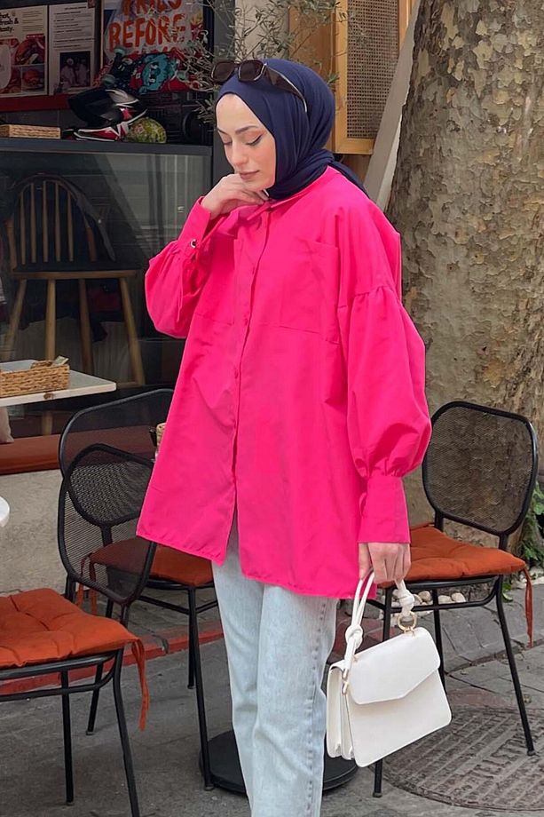 Kol Bağlama Detaylı Oversize Gömlek Fuşya - 3