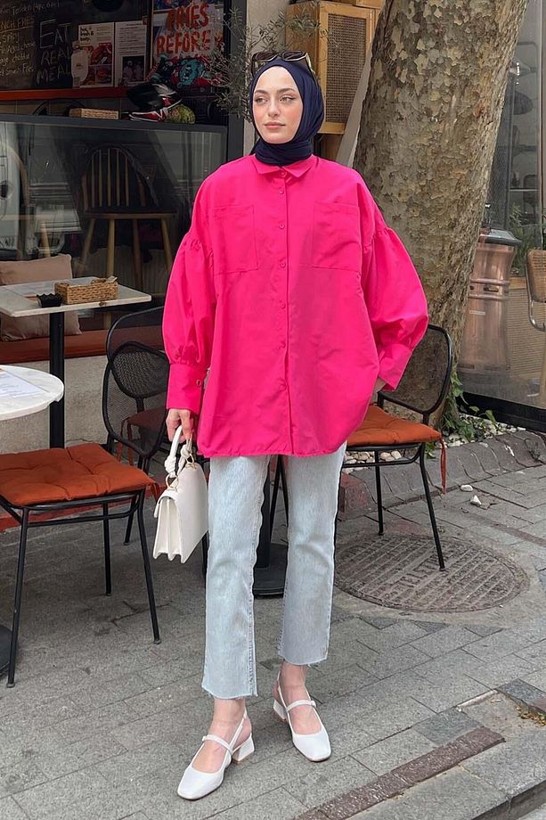 Kol Bağlama Detaylı Oversize Gömlek Fuşya - 1