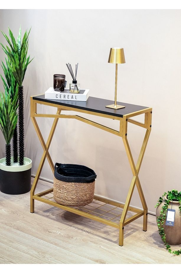 Gold Dresuar Ahşap Raflı Metal Dekoratif Stand Çok Amaçlı Salon ve Hol Rafı - 6